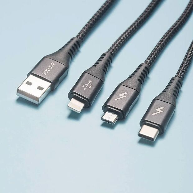Кабель Solove 3 in 1 USB Lightning/Micro/Type-C 120cm DW1 RU (Black) - 6